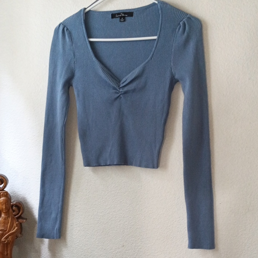 Love Tree Blue Ruched Crop Blouse